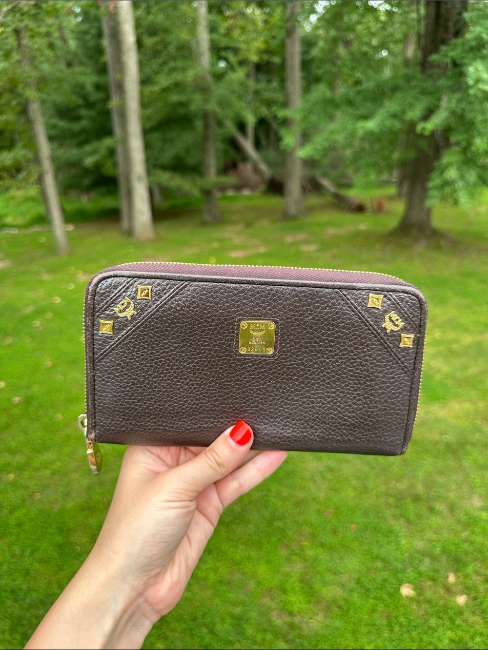 MCM Brown Leather Zip Around Wallet Gold Studded Logo